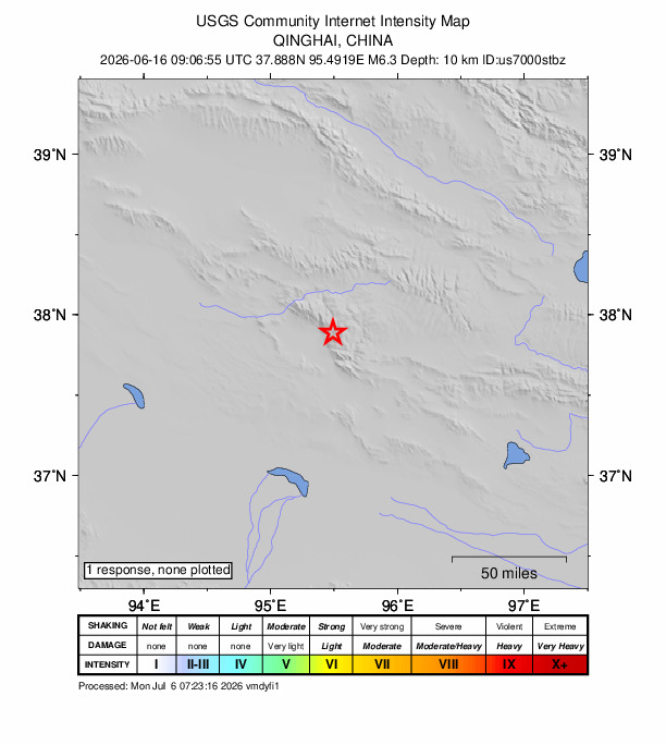 USGS DYFI community-reported intensity map for the M6.3 earthquake near 262 km SSE of Dunhuang, China