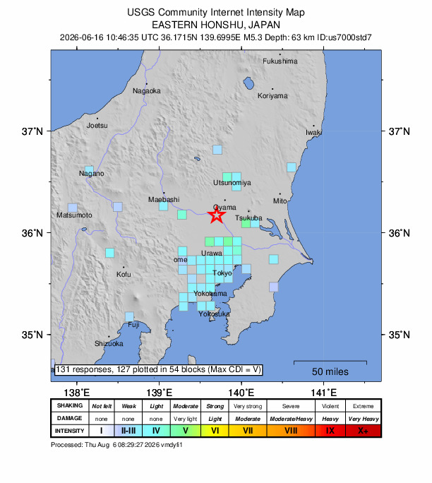 USGS DYFI community-reported intensity map for the M5.3 earthquake near 2 km SW of Koga, Japan