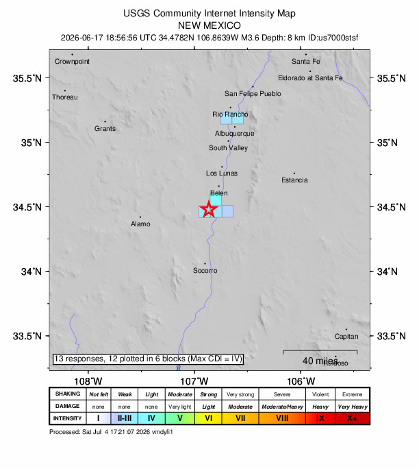 USGS DYFI community-reported intensity map for the M3.6 earthquake near 4 km WNW of Abeytas, New Mexico