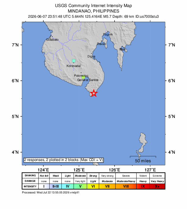 USGS DYFI community-reported intensity map for the M5.7 earthquake near 2 km WNW of Nuing, Philippines