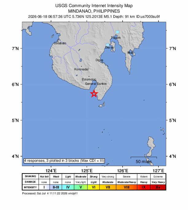 USGS DYFI community-reported intensity map for the M5.1 earthquake near 3 km WSW of Baliton, Philippines