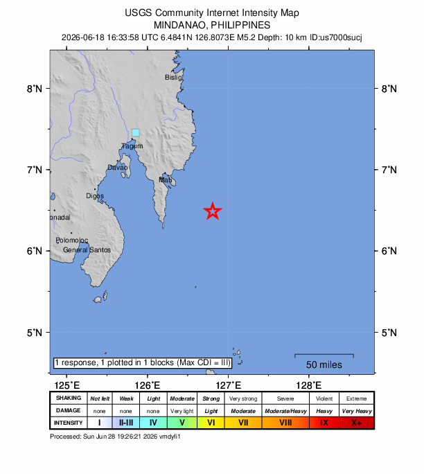 USGS DYFI community-reported intensity map for the M5.2 earthquake near 58 km ENE of Pondaguitan, Philippines