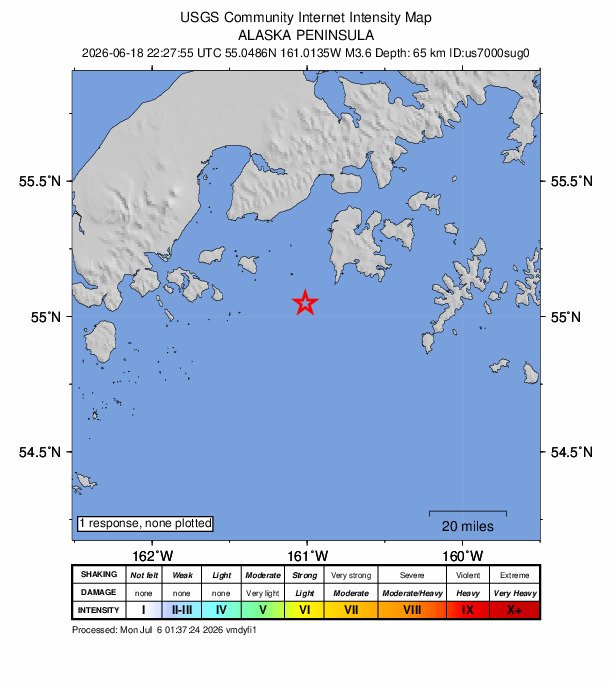 USGS DYFI community-reported intensity map for the M3.6 earthquake near 45 km SW of Sand Point, Alaska
