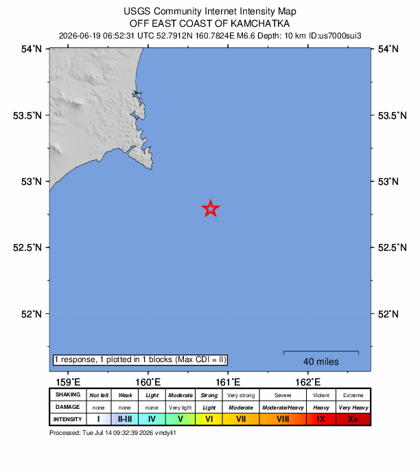 USGS DYFI community-reported intensity map for the M6.6 earthquake near 141 km ESE of Petropavlovsk-Kamchatsky, Russia