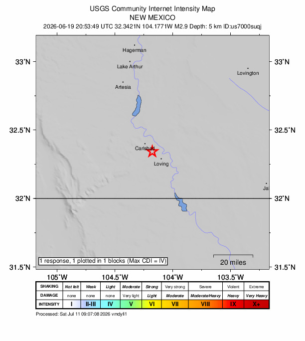 USGS DYFI community-reported intensity map for the M2.9 earthquake near 5 km SSE of Livingston Wheeler, New Mexico