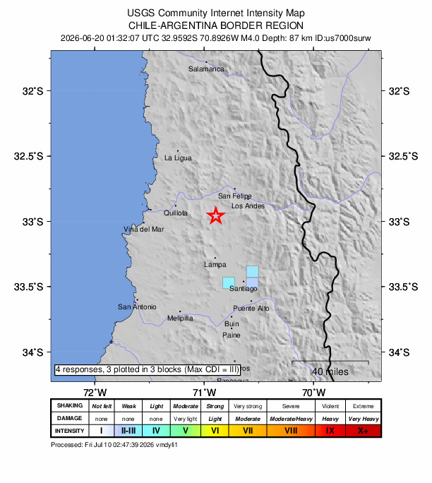 USGS DYFI community-reported intensity map for the M4.0 earthquake near 14 km SSE of Llaillay, Chile