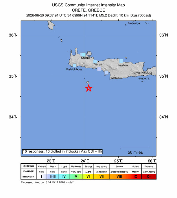 USGS DYFI community-reported intensity map for the M5.2 earthquake near 8 km SE of Kastrí, Greece