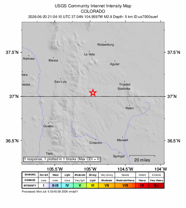 USGS DYFI community-reported intensity map for the M2.9 earthquake near 16 km SSE of Stonewall Gap, Colorado