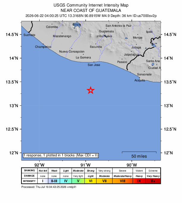 USGS DYFI community-reported intensity map for the M4.9 earthquake near 67 km S of Puerto San José, Guatemala