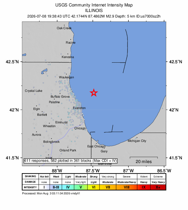 USGS DYFI community-reported intensity map for the M2.9 earthquake near 21 km ENE of Kenilworth, Illinois