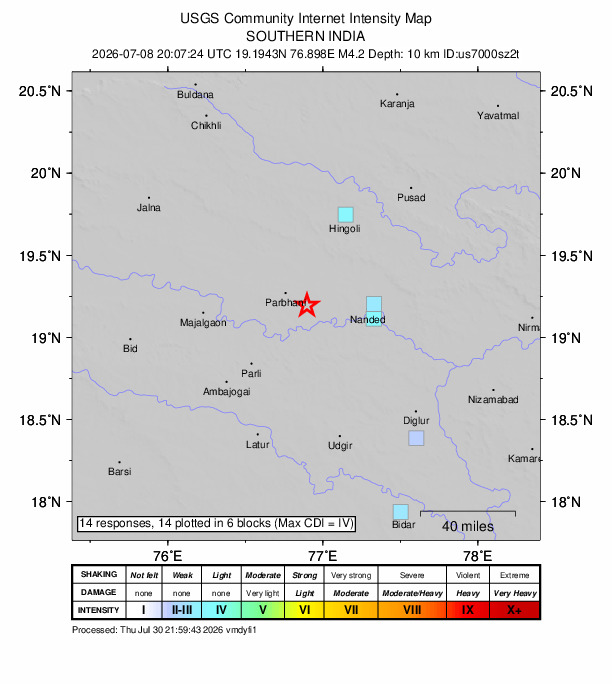 USGS DYFI community-reported intensity map for the M4.2 earthquake near 16 km SE of Parbhani, India