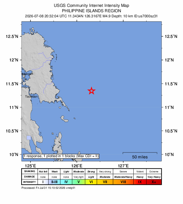 USGS DYFI community-reported intensity map for the M4.9 earthquake near 69 km NE of Sulangan, Philippines