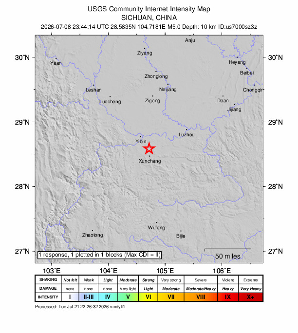 USGS DYFI community-reported intensity map for the M5.0 earthquake near 14 km N of Xunchang, China