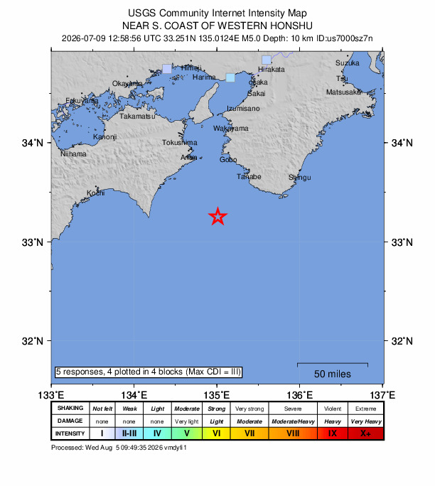 USGS DYFI community-reported intensity map for the M5.0 earthquake near 57 km SSW of Shirahama, Japan