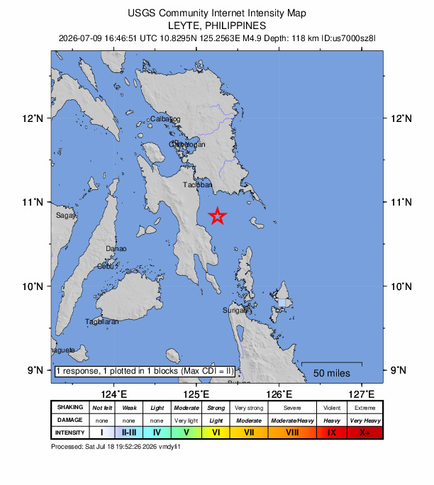 USGS DYFI community-reported intensity map for the M4.9 earthquake near 28 km ESE of Dulag, Philippines