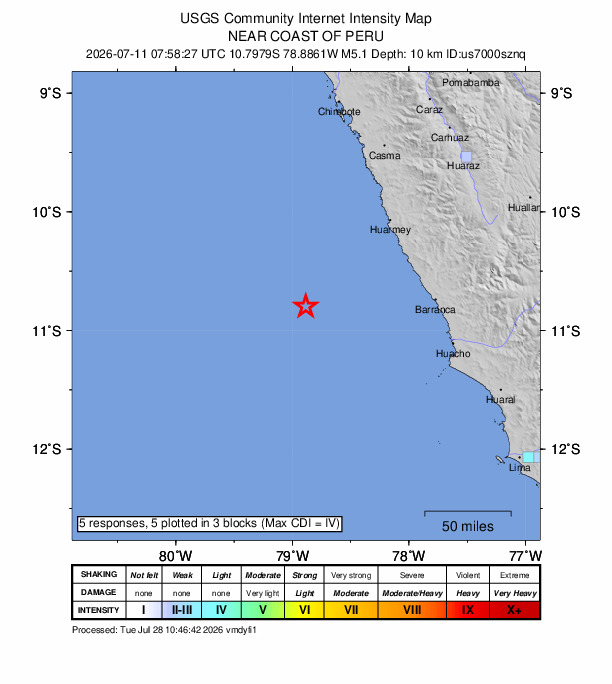 USGS DYFI community-reported intensity map for the M5.1 earthquake near 113 km SW of Huarmey, Peru