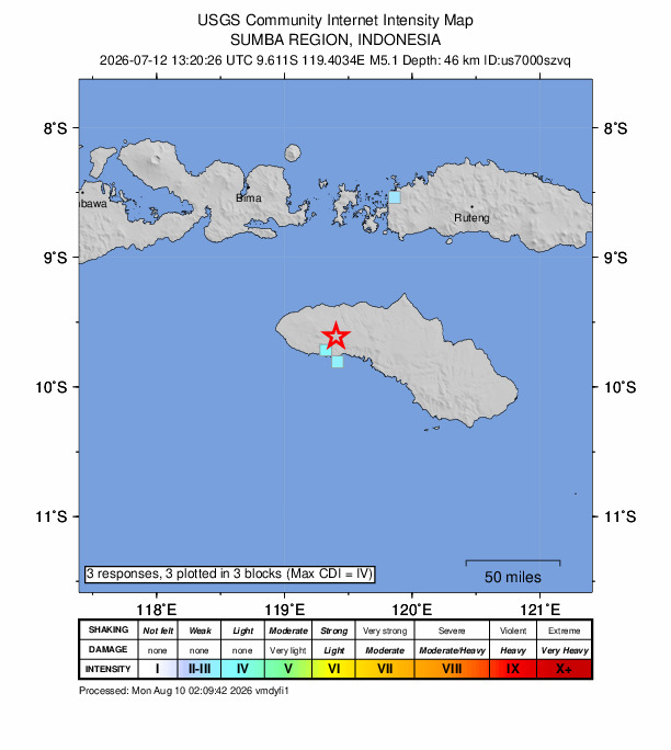 USGS DYFI community-reported intensity map for the M5.1 earthquake near 27 km SE of Tambolaka, Indonesia