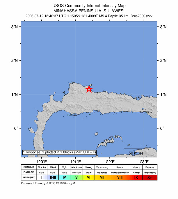 USGS DYFI community-reported intensity map for the M5.4 earthquake near 189 km WNW of Gorontalo, Indonesia