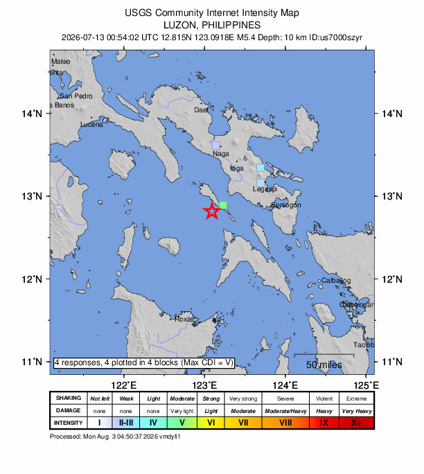 USGS DYFI community-reported intensity map for the M5.4 earthquake near 18 km W of Mabiton, Philippines