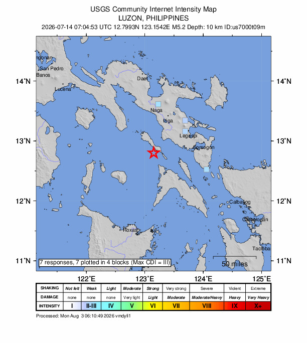 USGS DYFI community-reported intensity map for the M5.2 earthquake near 14 km WSW of Mabiton, Philippines