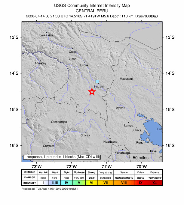 USGS DYFI community-reported intensity map for the M5.4 earthquake near 2 km WSW of Checca, Peru
