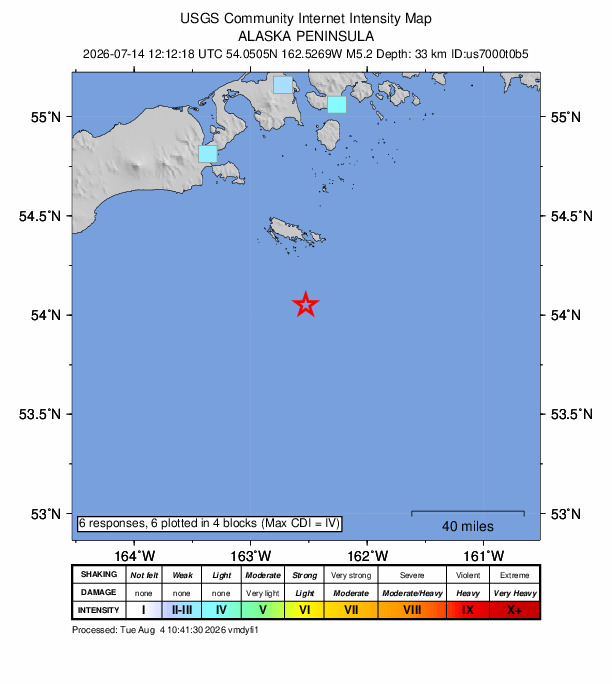 USGS DYFI community-reported intensity map for the M5.2 earthquake near 105 km SSE of False Pass, Alaska
