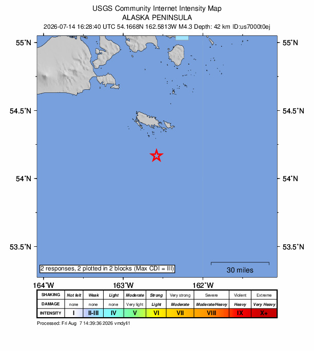 USGS DYFI community-reported intensity map for the M4.3 earthquake near 93 km SE of False Pass, Alaska