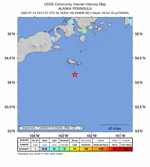 USGS DYFI community-reported intensity map for the M5.4 earthquake near 93 km SE of False Pass, Alaska