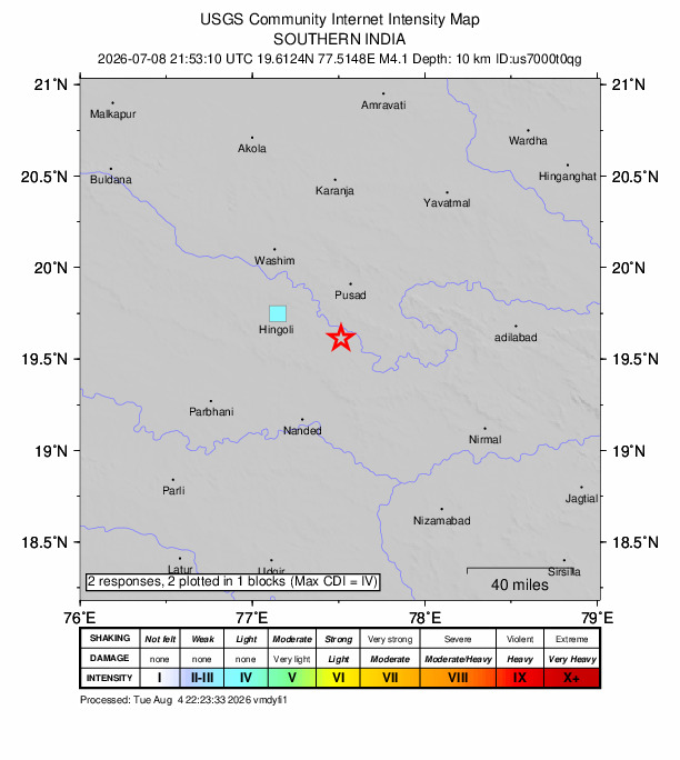 USGS DYFI community-reported intensity map for the M4.1 earthquake near 18 km W of Umarkhed, India