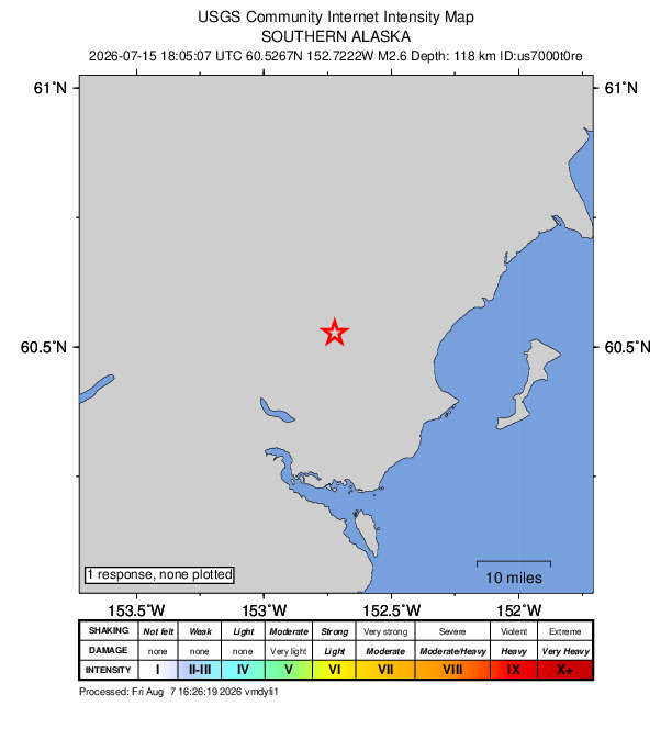 USGS DYFI community-reported intensity map for the M2.4 earthquake near 76 km W of Salamatof, Alaska