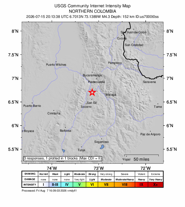 USGS DYFI community-reported intensity map for the M4.3 earthquake near 4 km NE of Villanueva, Colombia