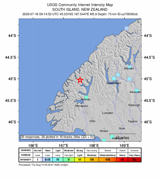 USGS DYFI community-reported intensity map for the M5.9 earthquake near 43 km NNW of Te Anau, New Zealand