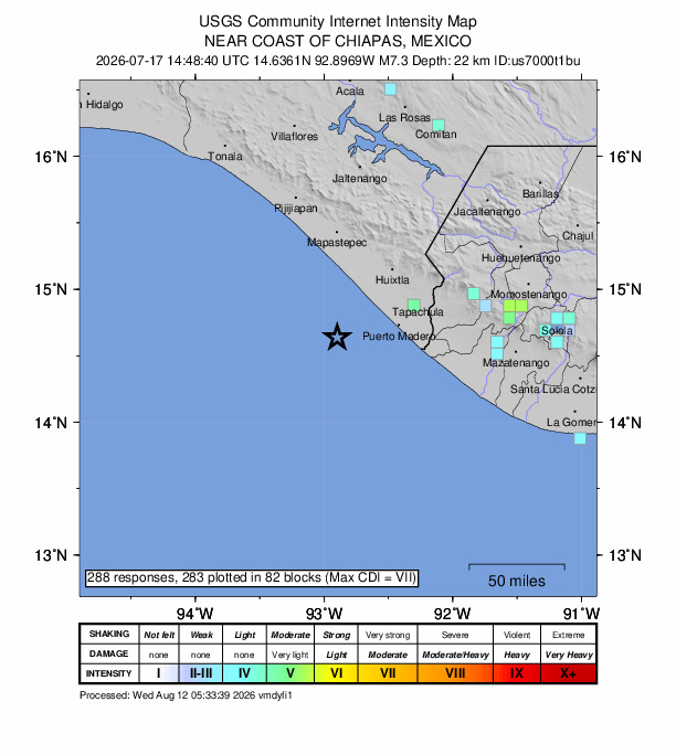 USGS DYFI community-reported intensity map for the M7.3 earthquake near 60 km WSW of Puerto Madero, Mexico