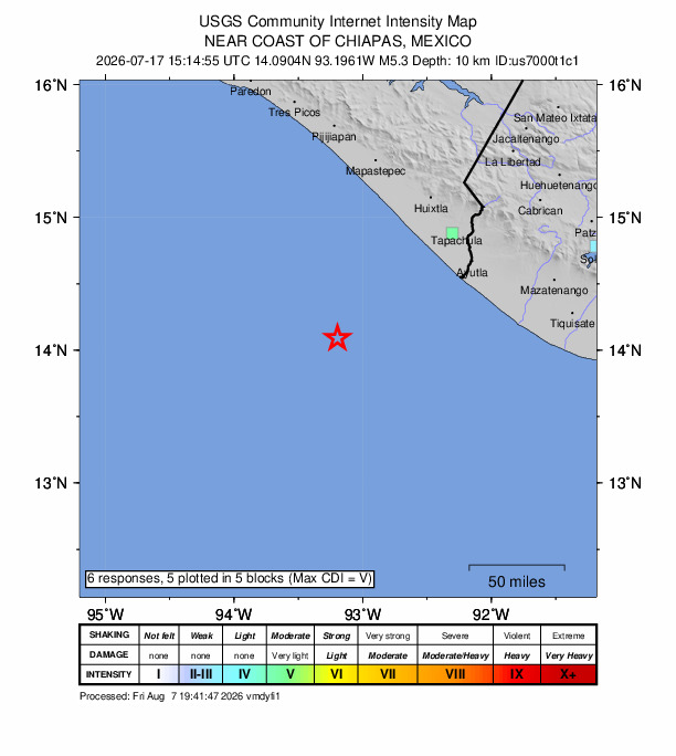 USGS DYFI community-reported intensity map for the M5.3 earthquake near 108 km SW of Puerto Madero, Mexico