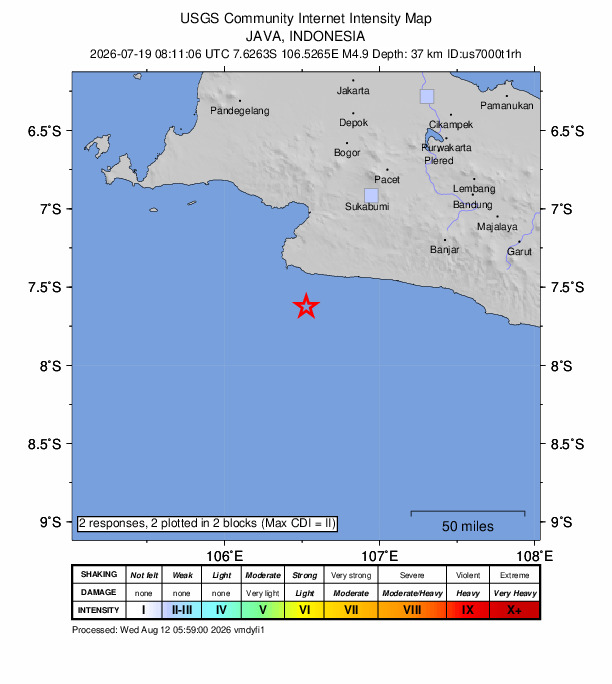 USGS DYFI community-reported intensity map for the M4.9 earthquake near 70 km S of Pelabuhanratu, Indonesia