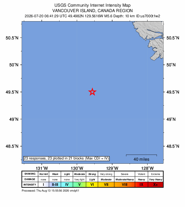 USGS DYFI community-reported intensity map for the M5.6 earthquake near 214 km SW of Port McNeill, Canada