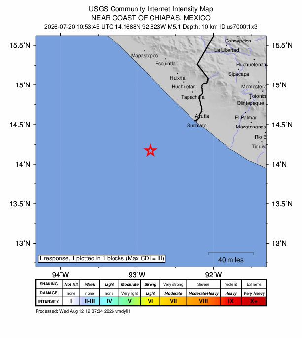 USGS DYFI community-reported intensity map for the M5.1 earthquake near 74 km SW of Puerto Madero, Mexico