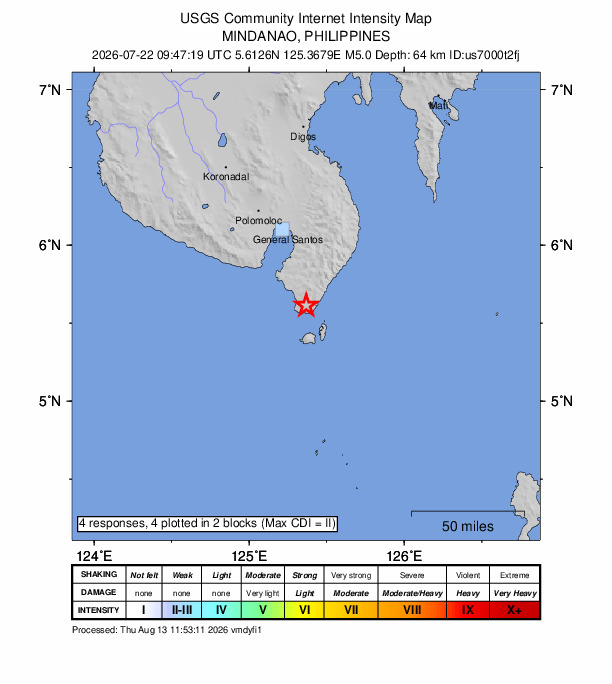 USGS DYFI community-reported intensity map for the M5.0 earthquake near 4 km NNE of Balangonan, Philippines
