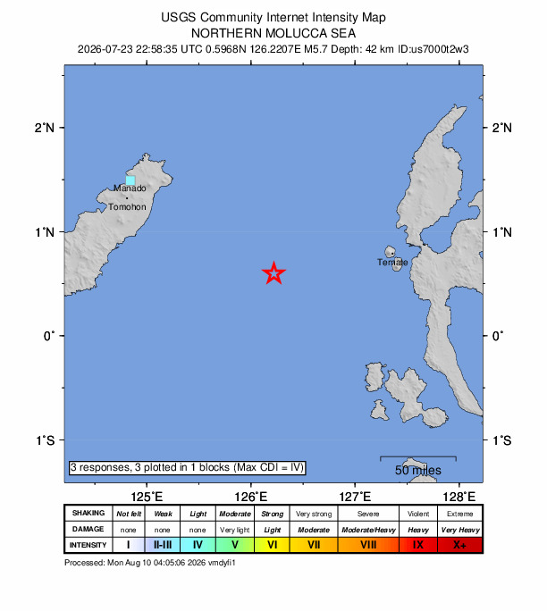 USGS DYFI community-reported intensity map for the M5.7 earthquake near 131 km W of Ternate, Indonesia