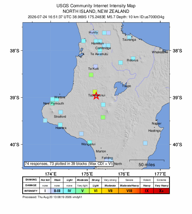 USGS DYFI community-reported intensity map for the M5.7 earthquake near 48 km W of Turangi, New Zealand