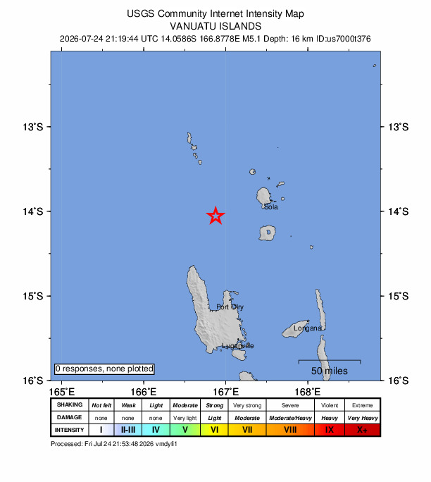 USGS DYFI community-reported intensity map for the M5.1 earthquake near 55 km WSW of Sola, Vanuatu