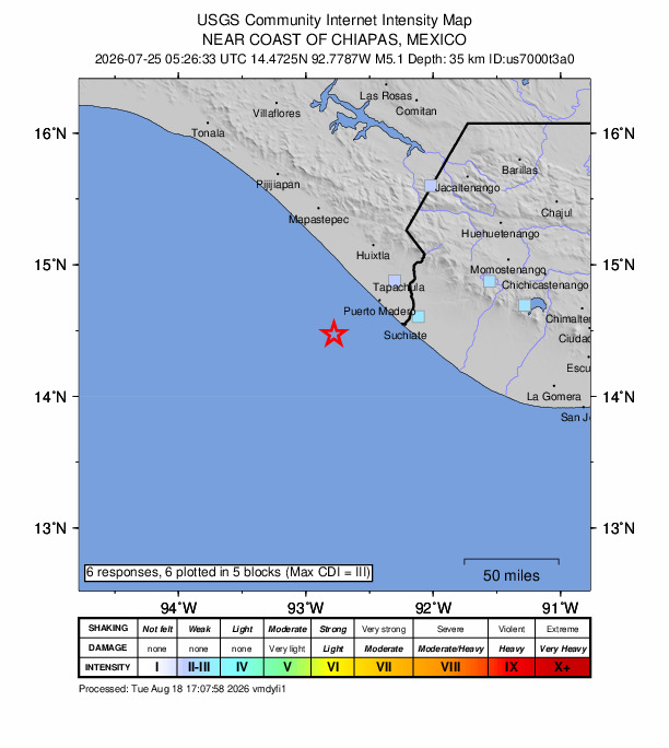 USGS DYFI community-reported intensity map for the M5.1 earthquake near 47 km SW of Puerto Madero, Mexico