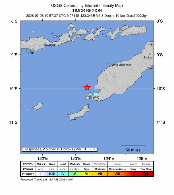 USGS DYFI community-reported intensity map for the M5.3 earthquake near 34 km NW of Kupang, Indonesia