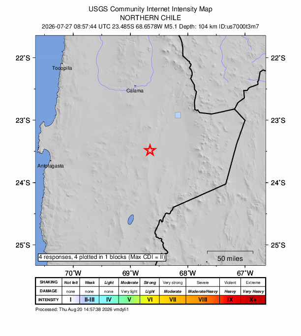 USGS DYFI community-reported intensity map for the M5.1 earthquake near 78 km SW of San Pedro de Atacama, Chile