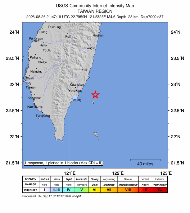 USGS DYFI community-reported intensity map for the M4.6 earthquake near 115 km ESE of Yujing, Taiwan