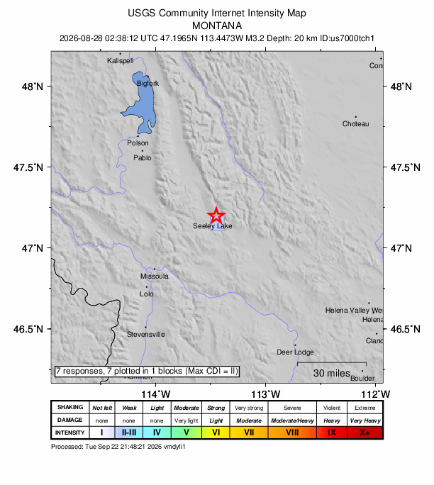 USGS DYFI community-reported intensity map for the M3.2 earthquake near 3 km NE of Seeley Lake, Montana