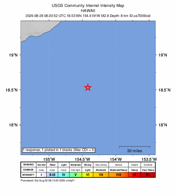 USGS DYFI community-reported intensity map for the M2.8 earthquake near 116 km SSE of Leilani Estates, Hawaii