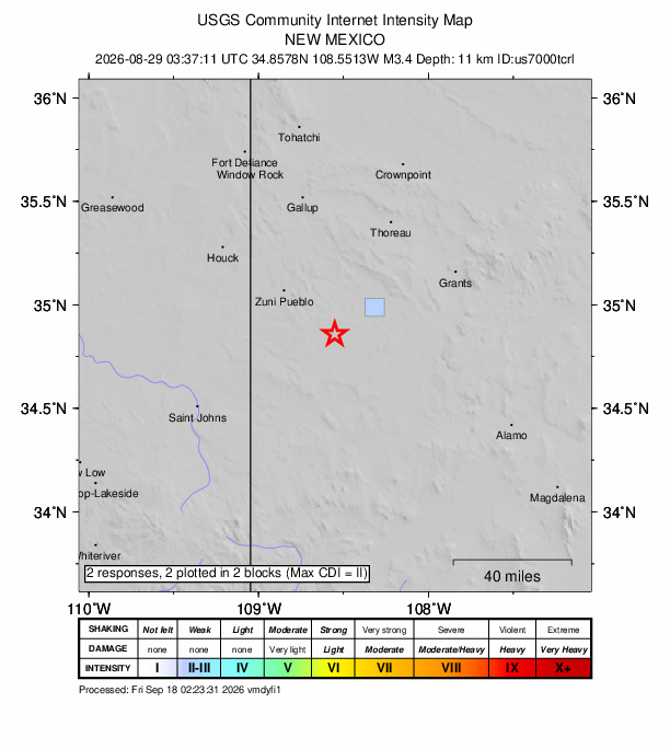 USGS DYFI community-reported intensity map for the M3.4 earthquake near 20 km SW of Pinehill, New Mexico