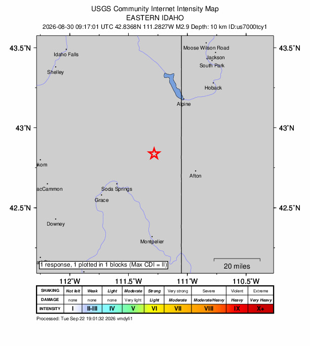 USGS DYFI community-reported intensity map for the M2.9 earthquake near 22 km W of Auburn, Wyoming
