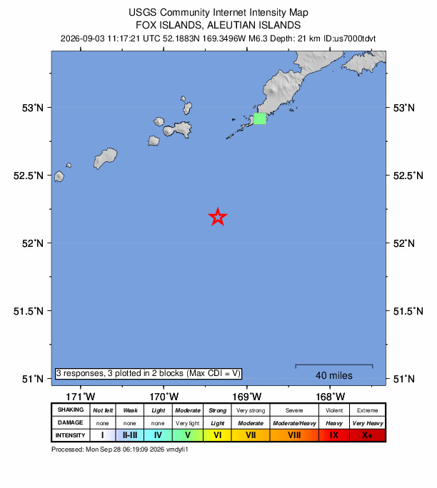 USGS DYFI community-reported intensity map for the M6.3 earthquake near 92 km SSW of Nikolski, Alaska